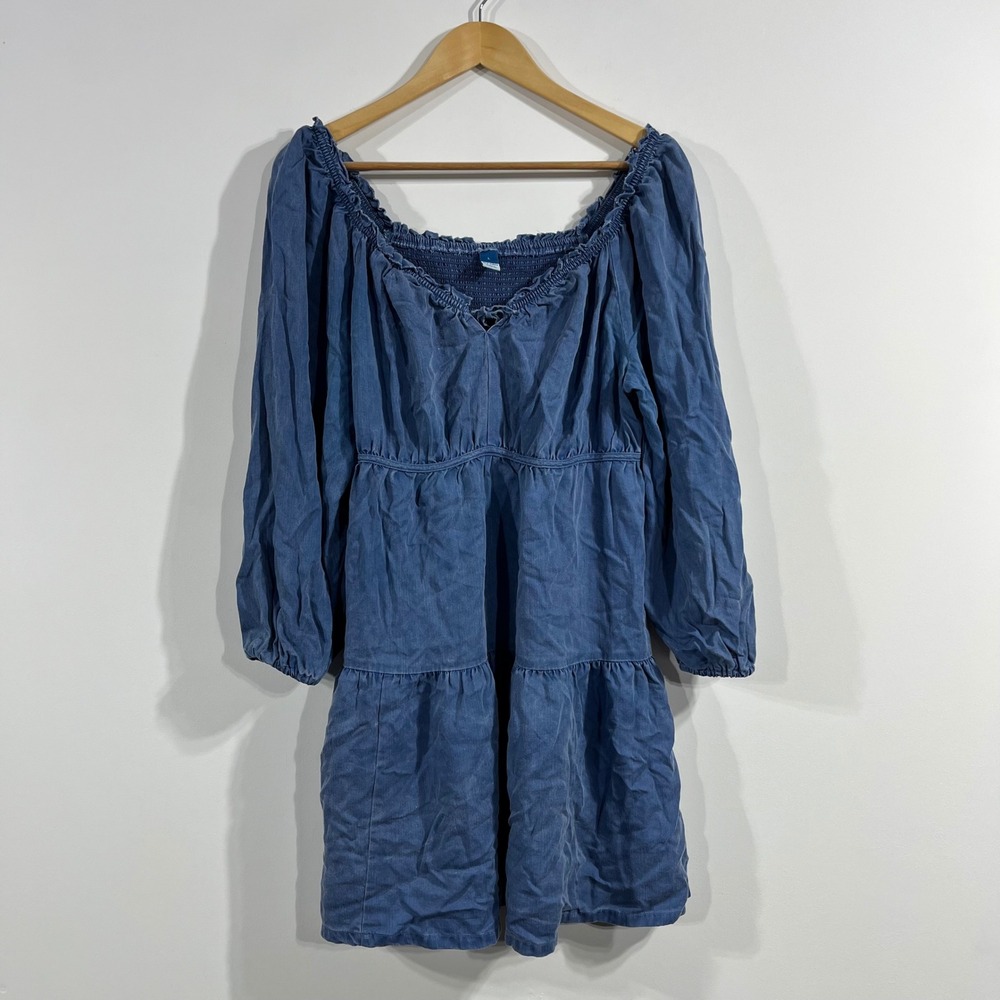 Old Navy Western Babydoll Chambray Boho Dress Smocked Tiered Women Large Country